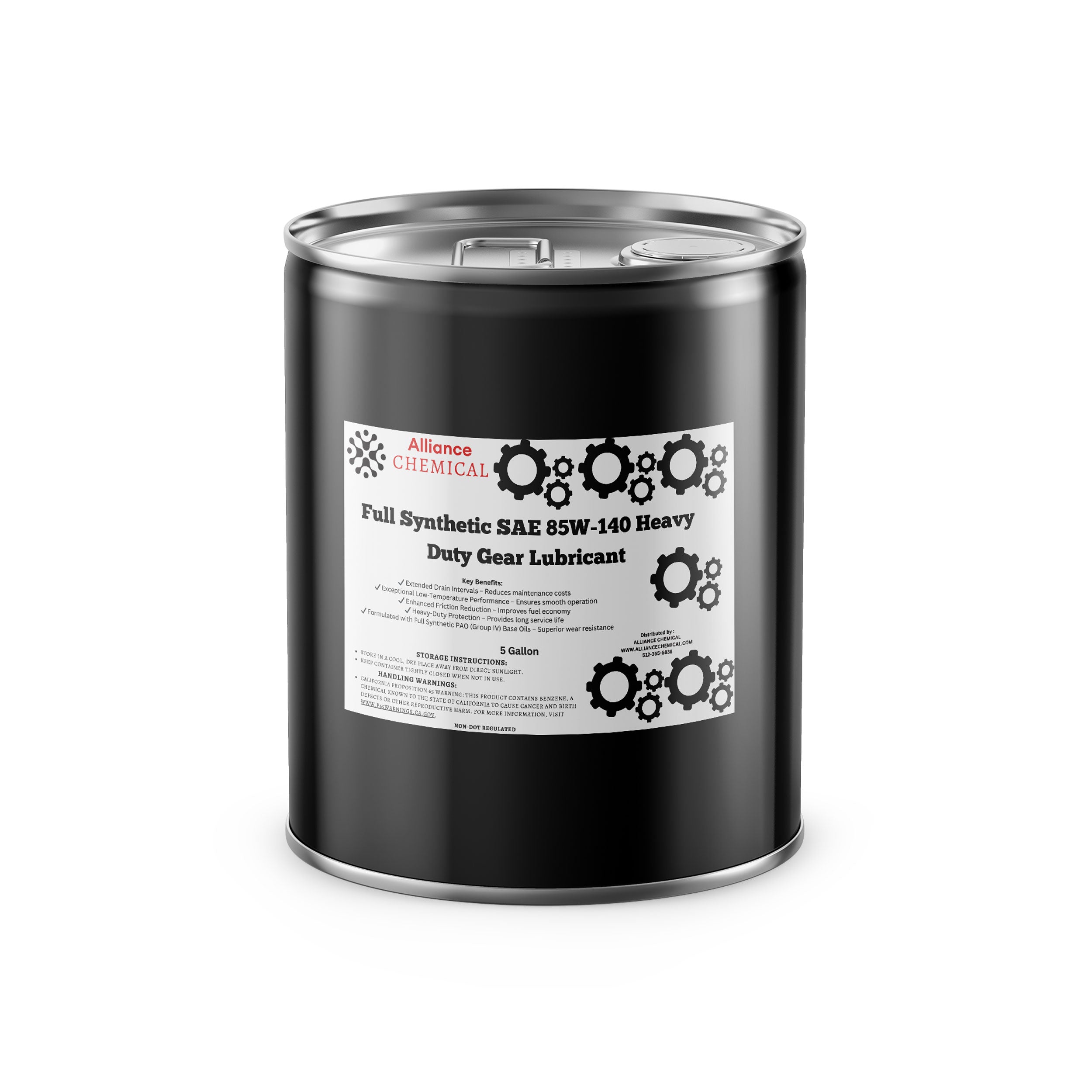 Alliance Chemical full synthetic SAE 85W-140 heavy duty gear lubricant in black 5-gallon steel pail